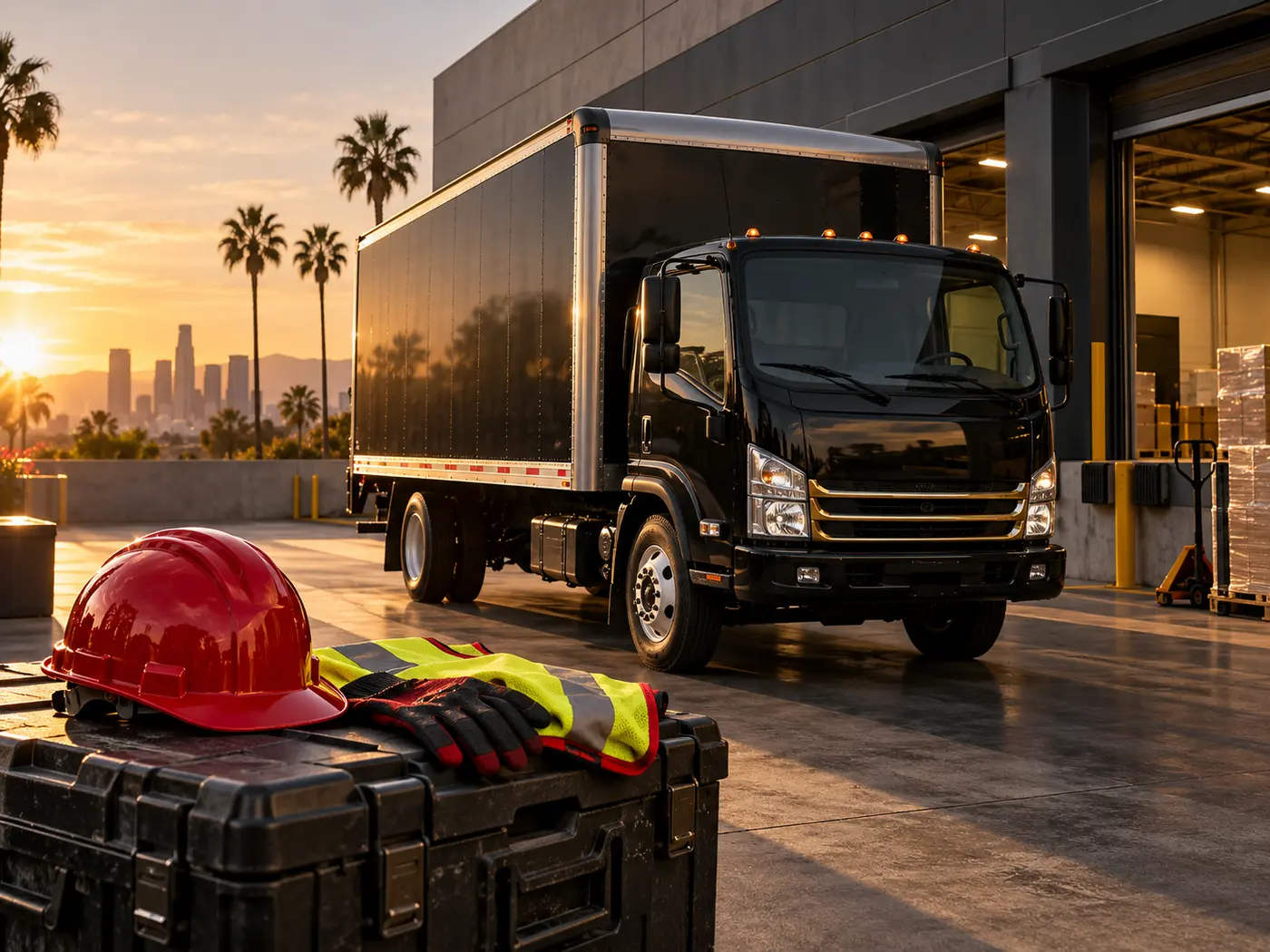 Black 26-foot box truck beside professional crew safety equipment