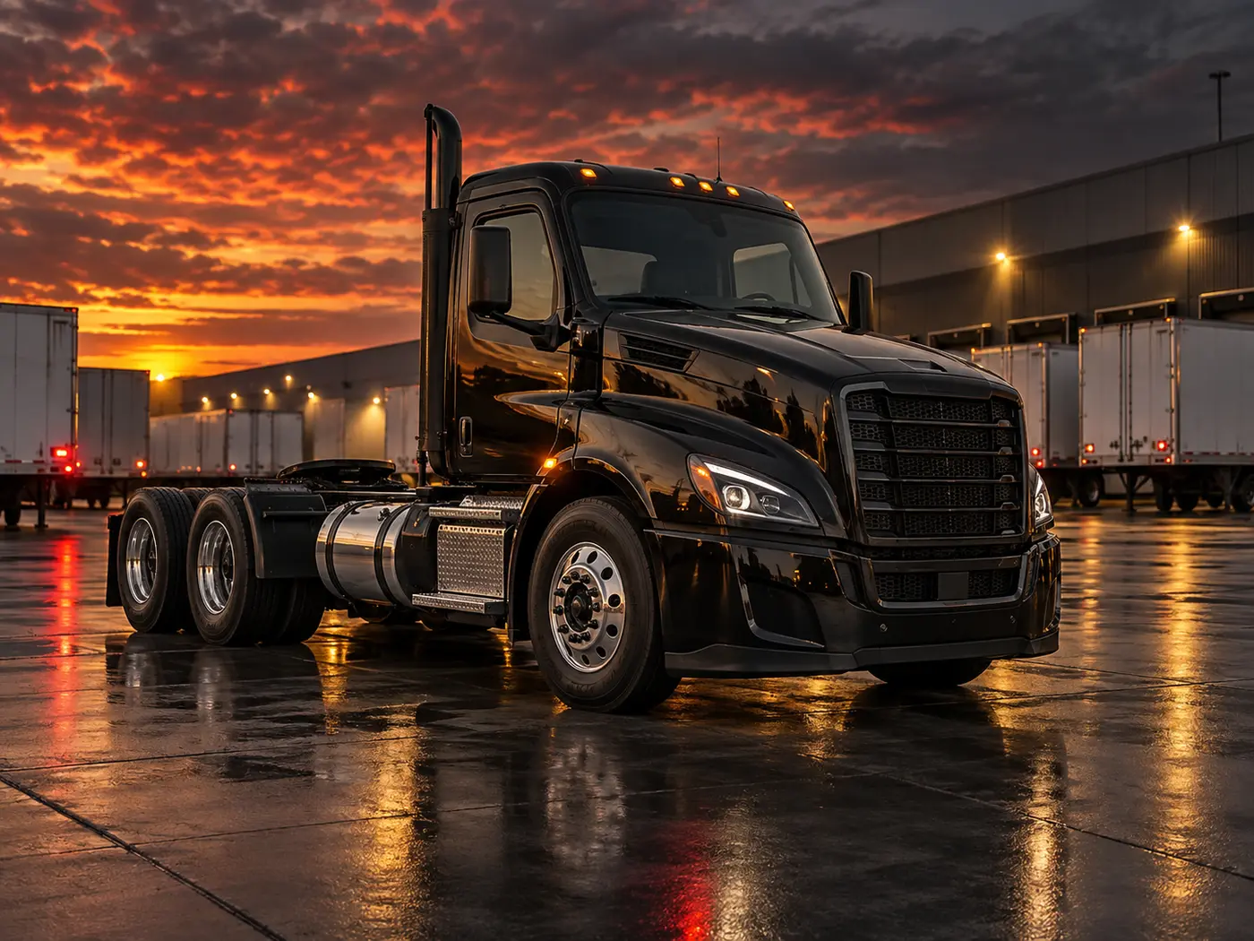 Black power-only tractor staged in a logistics yard